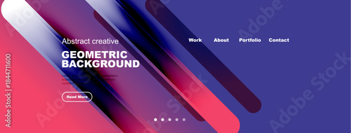 Vibrant geometric background design. Website header features text, navigation, plus circular indicators. Modern aesthetic, bold colors present.