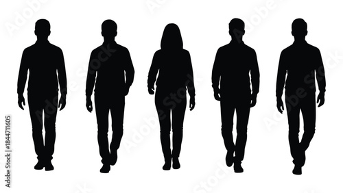 A group of five people walking forward presented as a striking black silhouette