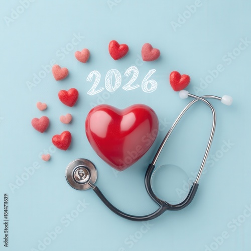 2026 health and heart: red hearts and stethoscope on blue background