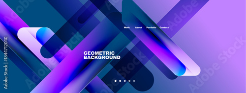 Abstract geometric design. Vibrant blue, purple gradients create dynamic layers. Text elements present portfolio information. Modern aesthetic.