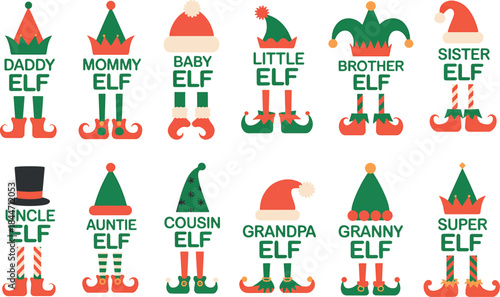 Christmas Elf Family Legs and Hats Set. Funny Holiday Character Collection for Sublimation, T-shirt Design, and Decoration Vector EPS.