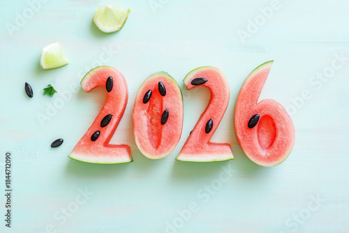 Watermelon numbers: creative 2026 design with lime and seeds on pastel background