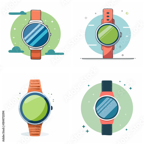 Download modern smartwatch collection featuring various designs with different colored watch faces and straps vector illustrations