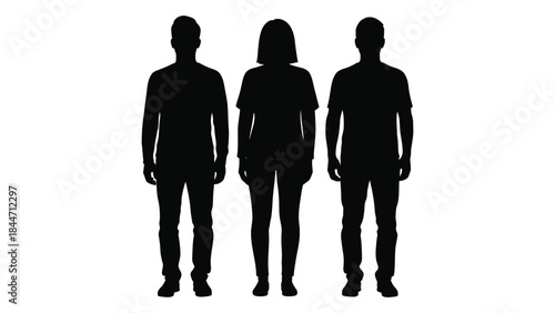 Three individuals standing in a row presented as a striking black silhouette