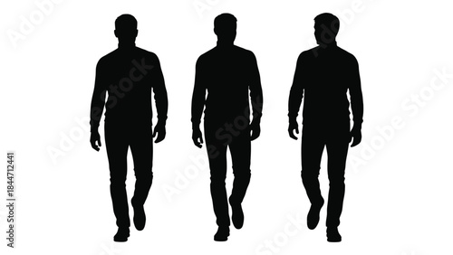 three male figures walking forward a striking black and white visual silhouette