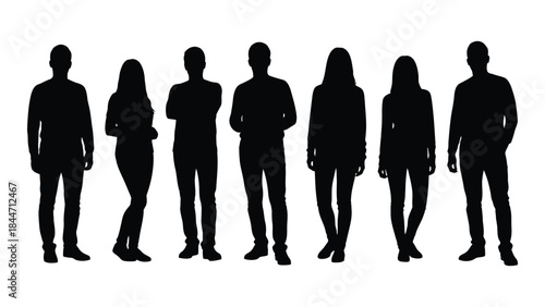 A row of diverse people represented as dark shapes standing side by side silhouette