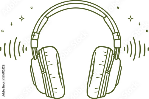Headphone Silhouette Vector Featuring Over-Ear Design with Sound Waves and Star Accents in Minimalist Line Style