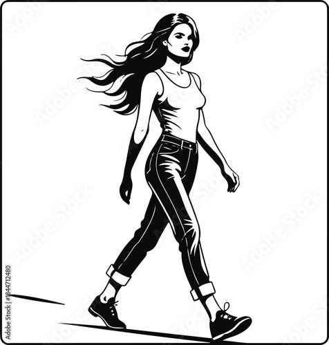 Single-line bold vector art of a woman walking confidently forward, empowerment and lifestyle concept, clean white background 2