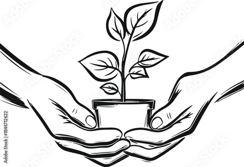 Single-line art of hands holding a growing plant, eco-friendly concept, clean bold vector stroke, flat minimalist style 2