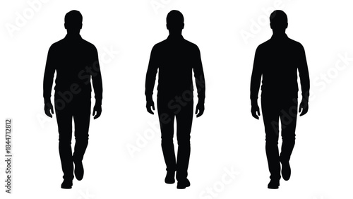 three identical male figures walking forward a striking black shape silhouette