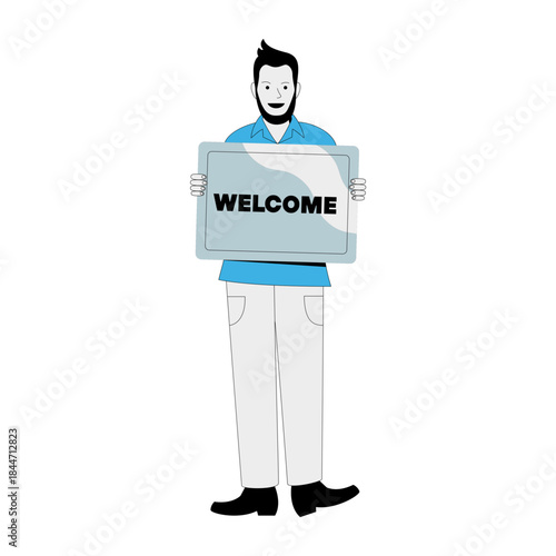 Friendly man holding a welcome sign invites customers with a warm greeting for businesses, hospitality, and events, conveying approachability and positive reception
