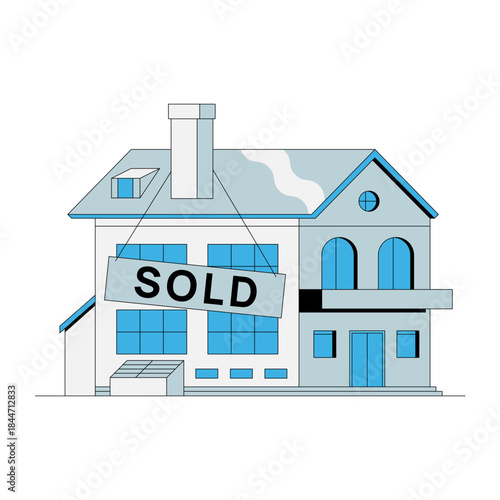 Stunning modern house with prominent 'SOLD' sign, symbolizing successful real estate transaction and new beginnings for happy homeowners