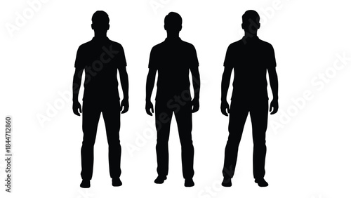 Three male figures stand in a row depicted as dark shapes a striking silhouette