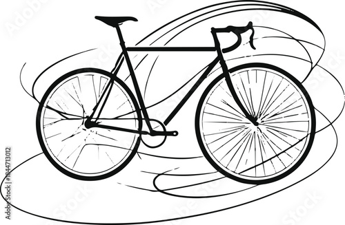 One-line illustration of a bicycle with abstract motion lines, clean vector art, urban lifestyle concept
