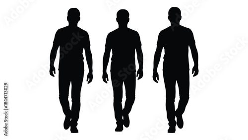 Three male figures standing in a row depicted as a stark black silhouette