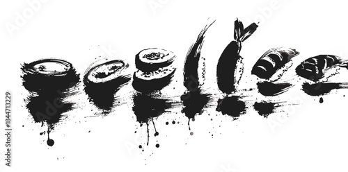 Hand painted oriental asian sushi icons set in traditional black ink brush stroke drawing style