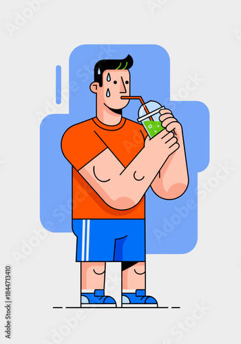 Man sipping smoothie after workout wearing sportswear and sweating