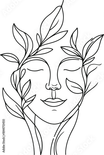 Minimal single-line illustration of a human face blended with abstract leaves, clean vector line art, bold stroke, no shading, white background 2