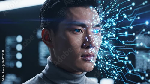 Futuristic Asian Man Interface - A close-up shot features an Asian man's face adorned with digital blue circuitry patterns emanating from one side.