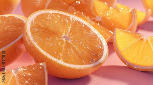 Fresh pink grapefruit slices, create long shadows on a bright background