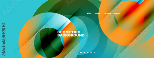 Abstract design features overlapping colorful shapes. Text includes geometric background, plus navigation options work, about, portfolio, contact.