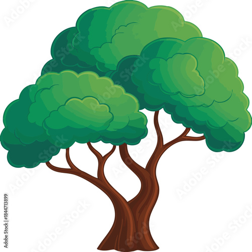 Stylized cartoon illustration of a green tree with rounded canopy and branching brown trunk in a simple modern vector style