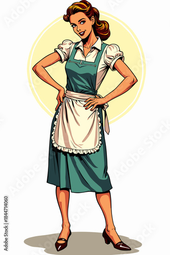 Woman tying apron in kitchen wearing vintage dress and high heels