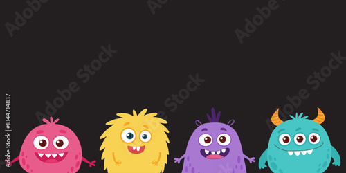 Cute cartoon monsters banner with copy space on dark background. Funny colorful kids characters in flat vector style.