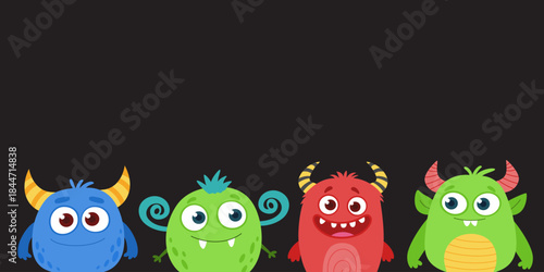 Cute cartoon monsters banner. Funny colorful kids characters on dark background. Friendly fantasy creatures in flat vector style for headers, websites and children’s designs.