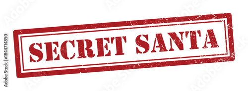 Secret Santa red rubber stamp style illustration with distressed texture isolated on white background, holiday gift exchange label, festive Christmas typography design for seasonal promotions