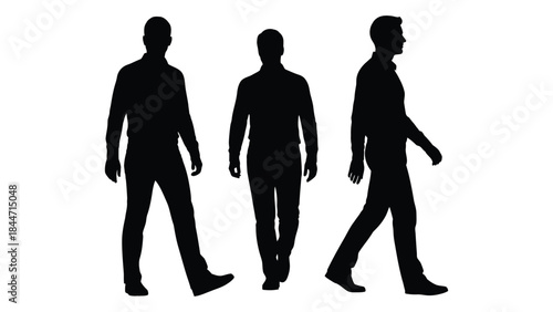 Three men walking in different poses are depicted as a striking black silhouette