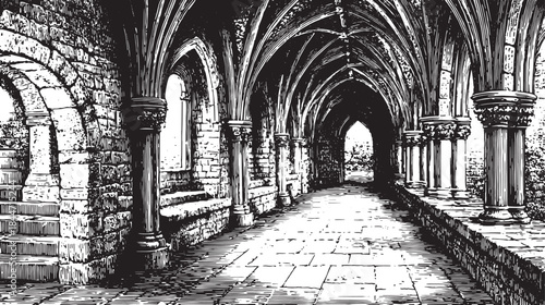 Gothic cathedral hallway in black and white engraving. Detailed illustration featuring stone pillars and arches in a vector style.