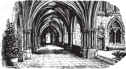 Gothic cathedral hallway in black and white engraving style. Detailed arches and pillars create a classic vector illustration of historical architecture.
