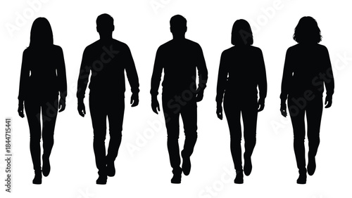 A group of six people walking forward depicted as a striking black silhouette