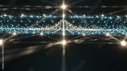 Abstract Connected Network with Glowing Nodes - A dynamic network of connected nodes is visualized, featuring luminous spheres joined by intricate lines.