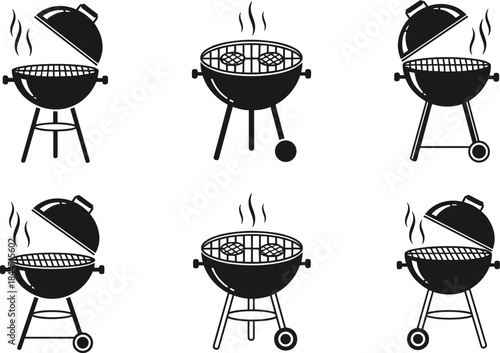 Barbecue grill silhouette icon set, charcoal BBQ cooking equipment vector collection, outdoor grilling symbols isolated on white background illustration design
