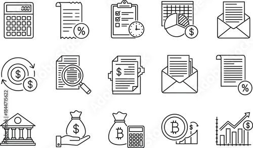 Finance and accounting line icons set, business documents, banking payment, tax calculation, investment analysis symbols, outline illustration collection