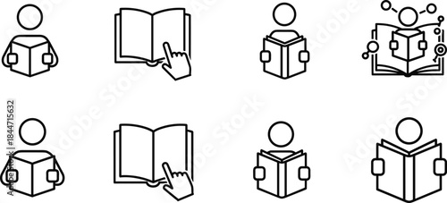 Reading and learning line icons set, book study symbols, education knowledge concept, digital reading, outline illustration collection