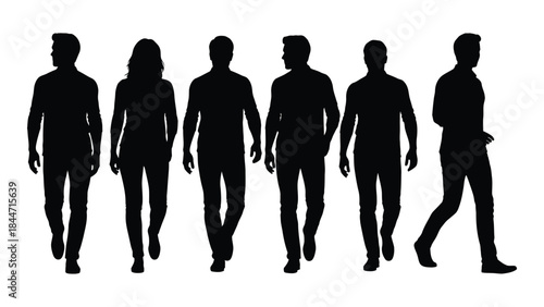 A group of six people walking forward depicted as a striking black silhouette