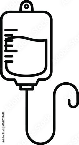 Medical IV drip line icon, intravenous fluid therapy symbol, hospital healthcare treatment equipment, simple outline medical illustration design