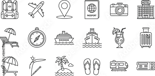 Travel and tourism line icons set, vacation journey symbols, transport hotel passport camera beach cruise luggage outline illustration collection