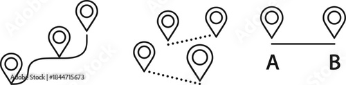Location route map icon set with navigation pins path directions point to point tracking vector outline symbols isolated white background