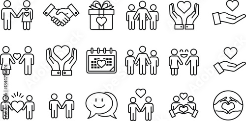 Love and relationship line icons set, romantic couples, charity support, friendship symbols, heart care concepts, modern outline illustration collection