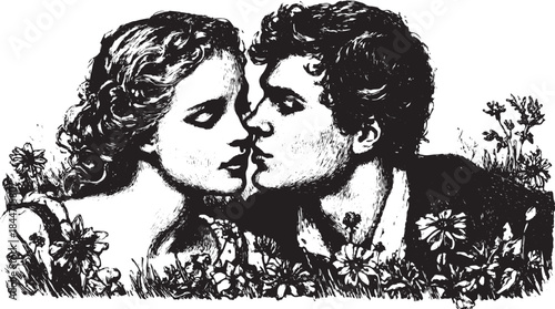 Couple kissing in a black and white vintage illustration. This romantic vector artwork features floral elements and an intimate embrace in nature.