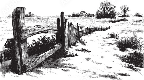 Old wooden fence in black and white etching style. Detailed rural landscape vector illustration featuring a traditional barn and natural scenery.