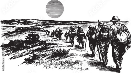 Silhouette of a group trekking across a landscape. Soldiers in black and white vector illustration with outdoor scenery and sun.