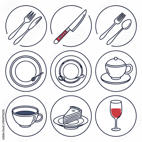 Set of icons representing food and drink items including cutlery, plates, cups, and desserts for culinary and restaurant themes