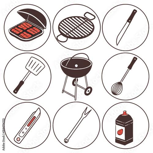Create an elegant collection of 12 tableware and essential barbecue grilling tools icons, perfect for outdoor cooking and summer picnic designs