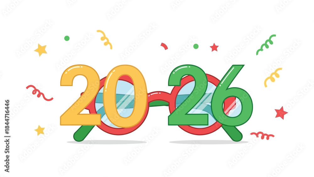Fototapeta premium Party Eyeglasses for New Year 2026 Celebration with Confetti Elements Vector