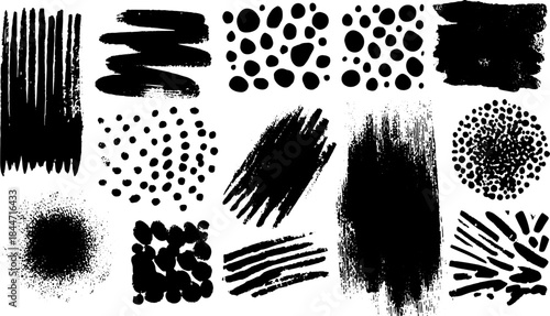 Collection of spray paint textures in black. Various brush strokes and patterns in a vector illustration set for creative design.